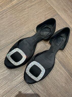 Roger Vivier Black Satin Ballerina Crystal Buckle Chips d'Orsay 36.5